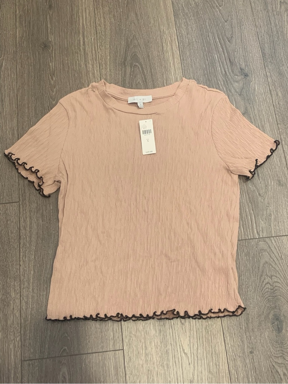 Eri + Ali Anthropologie Beige Textured Lettuce Hem Short Sleeve Tee NWT